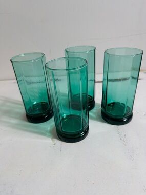 (4) Vintage Anchor Hocking "Essex" Green glass tumbler 10 -sided  design 12 oz